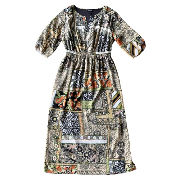 Enfocus Women Multicolor Patchwork Print 3/4 Sleeve Side Slits Midi Dress - Picture 8 of 11